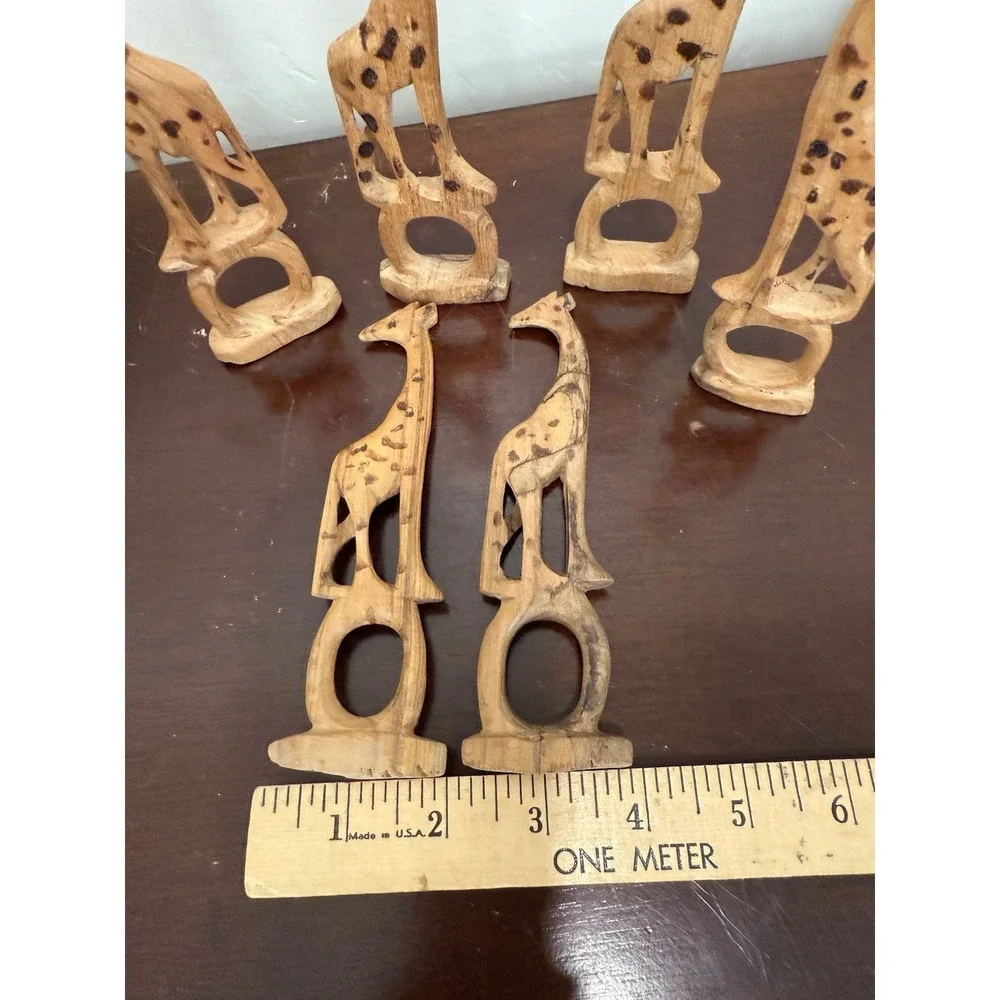 VTG Hand Carved Wooden Napkin Rings Holders Set of 6 Giraffes Artsy Boho Jungle